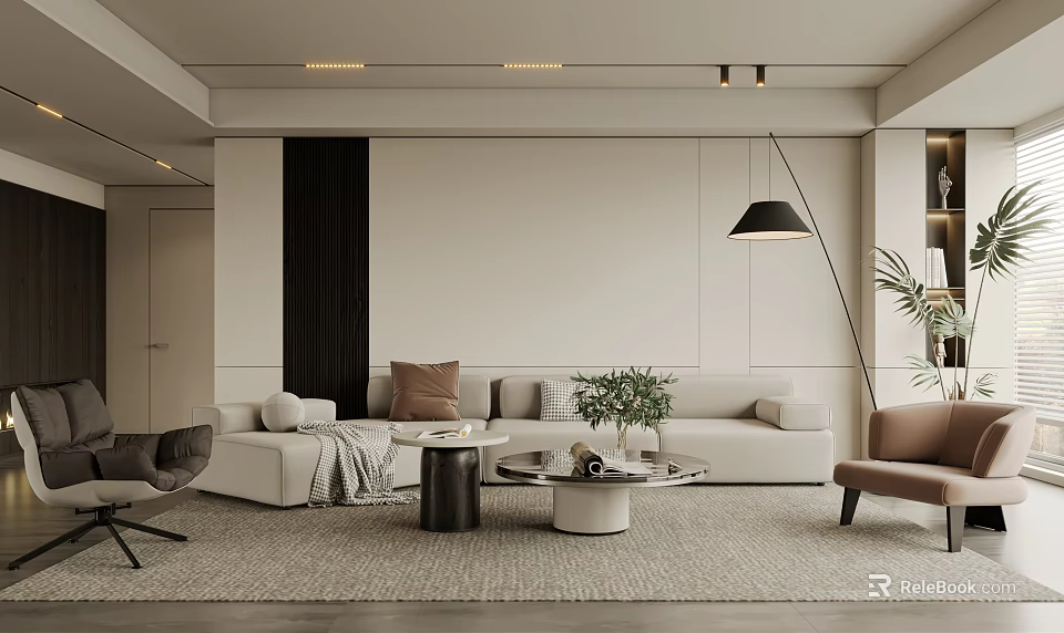 Modern Living Room Interior With White Sofa Coffee Tables Floor Lamp And Potted Plant 3d model 