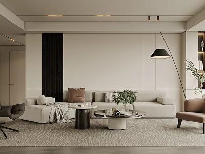 Modern Living Room Interior With White Sofa Coffee Tables Floor Lamp And Potted Plant 3d model