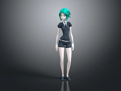 3D Rendered Game Movie Character With Teal Hair Black Short Sleeve Top And Shorts 3d model