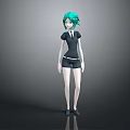 3D Rendered Game Movie Character With Teal Hair Black Short Sleeve Top And Shorts