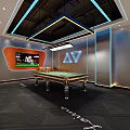 Modern Billiard Room Interior With Multiple Pool Tables Cues And Lighting