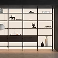 Modern Room Divider Cabinet With Glass Shelves Wooden Drawers And Decorative Items