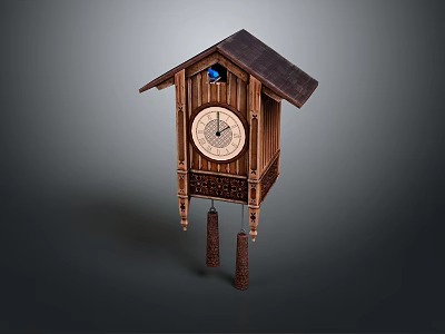 Traditional Wooden Cuckoo Clock Featuring Roof Shaped Top Round Dial And Hanging Pendulum 3d model