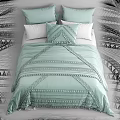 Light Green Striped Double Bed Bedding Set With Tassel Decorations And Pillows