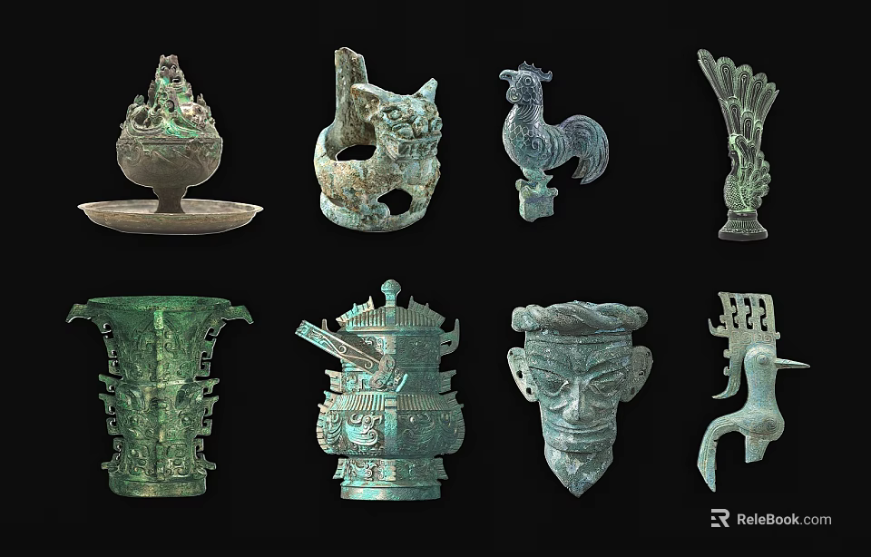 Ancient Bronze Sculptures With Various Animal Human Face And Vessel Designs 3d model 