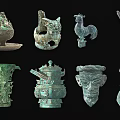 Ancient Bronze Sculptures With Various Animal Human Face And Vessel Designs
