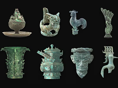 Ancient Bronze Sculptures With Various Animal Human Face And Vessel Designs 3d model