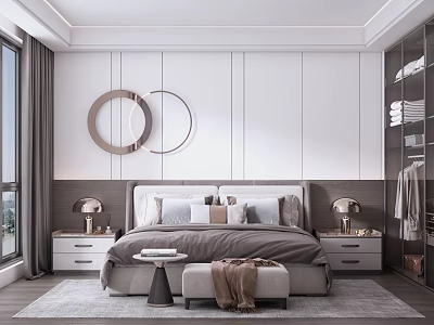 Modern Bedroom Interior Design With Large Bed Circular Wall Decor Nightstand Lamps And Bench 3d model