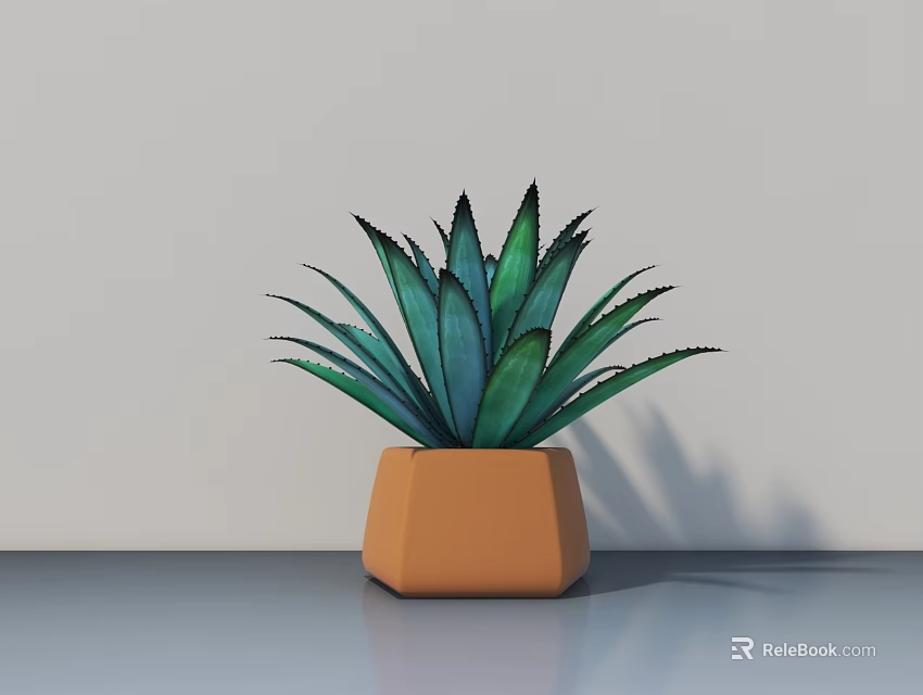 Green Leafy Potted Bonsai Plant With Orange Hexagonal Pot On Gray Surface And Light Wall 3d model 