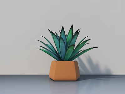 Green Leafy Potted Bonsai Plant With Orange Hexagonal Pot On Gray Surface And Light Wall 3d model
