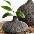 Three Textured Ceramic Vases With Green Branches And Small Leaves 3d model