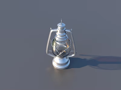 Vintage Silver Kerosene Lamp With Metal Frame And Glass Shade For Home Use 3d model