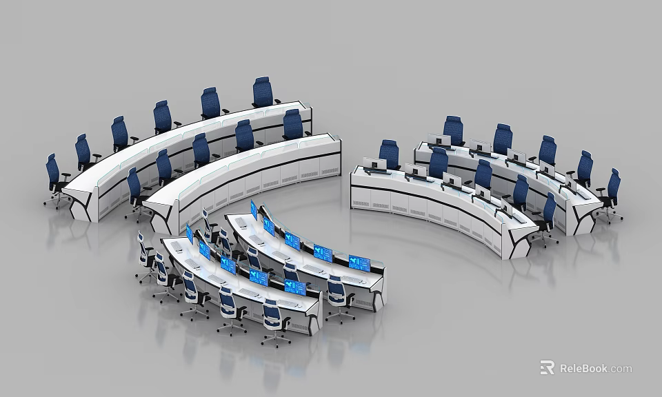 Modern Office Workspace With Curved Desks Blue Ergonomic Chairs And Computer Screens 3d model 