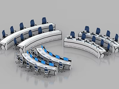 Modern Office Workspace With Curved Desks Blue Ergonomic Chairs And Computer Screens 3d model