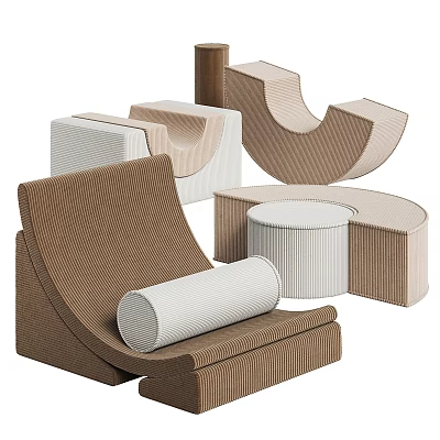 Modern Textured Furniture Pieces With Curved Seats Cylindrical Cushions In Brown Beige White Tones 3d model
