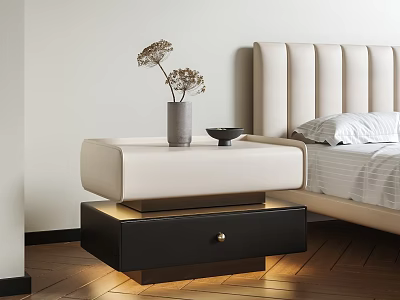 Modern Two Tier Nightstand With Upholstered Top Black Drawer Decorative Vase And Bowl In Bedroom 3d model