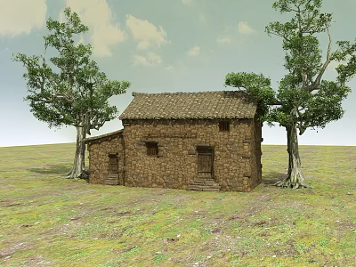 Traditional Old Stone House Surrounded by Two Large Trees on Grassy Field With Cloudy Sky 3d model
