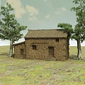 Traditional Old Stone House Surrounded by Two Large Trees on Grassy Field With Cloudy Sky
