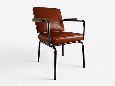 Brown Leather Single Chair With Black Metal Frame And Armrests Modern Design 3d model