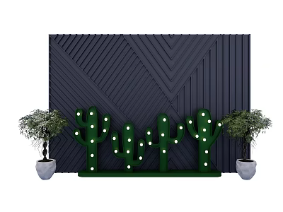 Black Chevron Patterned Wall With Green Cactus Light Decorations And Potted Plants 3d model