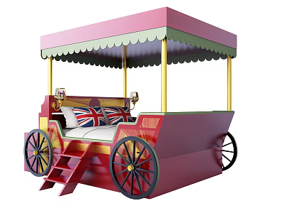 Red Carriage Shaped Kids Bed with Canopy Wheels Ladder and Union Jack Cushion 3d model