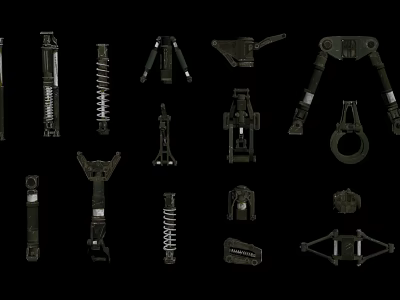 Assorted Black Mechanical Components with Springs Brackets and Tripod Structures 3d model