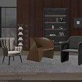 Upholstered Beige Brown Black Accent Chairs In Modern Interior With Wooden Bookshelf And Floor Lamp