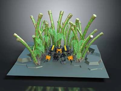 Yellow And Black Robot Surrounded By Green Bamboo Like Plants On Gray Platform 3d model
