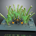 Yellow And Black Robot Surrounded By Green Bamboo Like Plants On Gray Platform