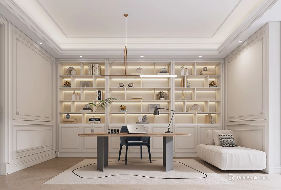Modern Study Room Interior With White Bookshelves Wooden Desk Black Chair And White Sofa 3d model 