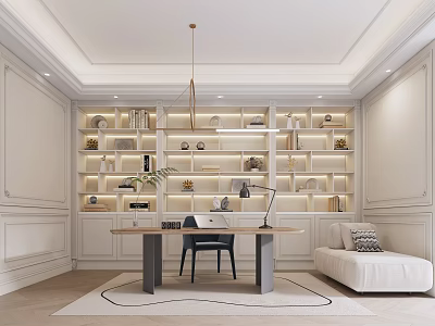 Modern Study Room Interior With White Bookshelves Wooden Desk Black Chair And White Sofa 3d model