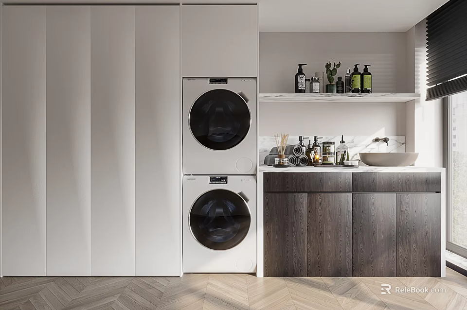 Modern Bathroom Cabinet Design With Wooden Shelves Stacked Washing Machine And Sink 3d model 