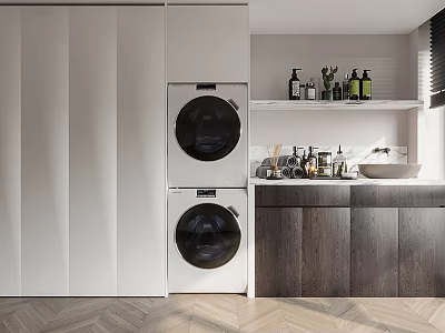 Modern Bathroom Cabinet Design With Wooden Shelves Stacked Washing Machine And Sink 3d model