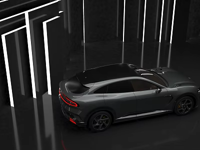Car Showroom Display With Gray Sports Car And Illuminated Decorative Lights 3d model