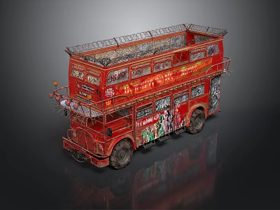 Red Vintage Double Decker Bus With Graffiti Decorations And Top Structure 3d model