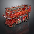 Red Vintage Double Decker Bus With Graffiti Decorations And Top Structure