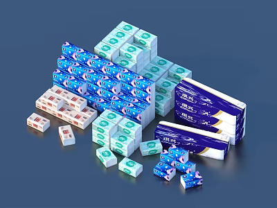 Household Tissues with Various Colored Packaging Stacked and Scattered in Blue Green White Designs 3d model