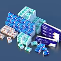 Household Tissues with Various Colored Packaging Stacked and Scattered in Blue Green White Designs