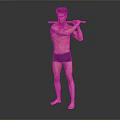 Shirtless Man In Black Shorts Holding Stick Performing Exercise On Dark Background With Reflective Floor