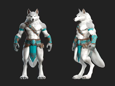 Game Movie Wolf Like Humanoid Character With White Fur And Blue Decorative Armor 3d model