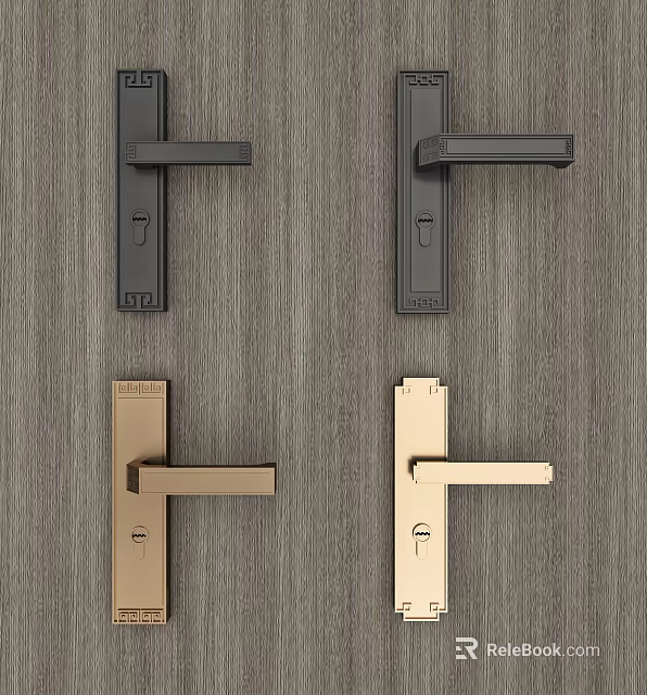Modern Black And Gold Door Handles On Wooden Door Surface Design 3d model 