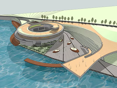 Modern Waterfront Visitor Center With Circular Design Scenic Walkway And Greenery 3d model