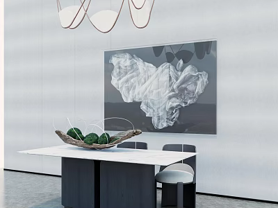 Modern Dining Table Set with White Tabletop Black Legs Chairs Abstract Painting and Pendant Lights 3d model