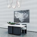 Modern Dining Table Set with White Tabletop Black Legs Chairs Abstract Painting and Pendant Lights