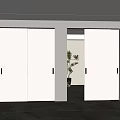 Modern White Sliding Doors With Black Frames Open And Closed Near Grey Floor And Plant