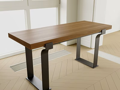 Modern Office Desk With Natural Wooden Top And Black Metal Frame On Herringbone Floor 3d model