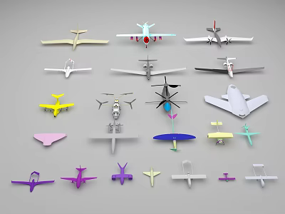 Colorful Passenger Plane Models In Various Styles Arranged Neatly On 3d model