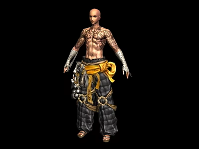 A Bald Man With Torso Tattoos Yellow Belt Black Pants And Wrist Wraps 3d model