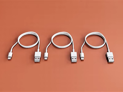 Three White USB Data Charging Cables for Mobile Phones and Digital Devices 3d model