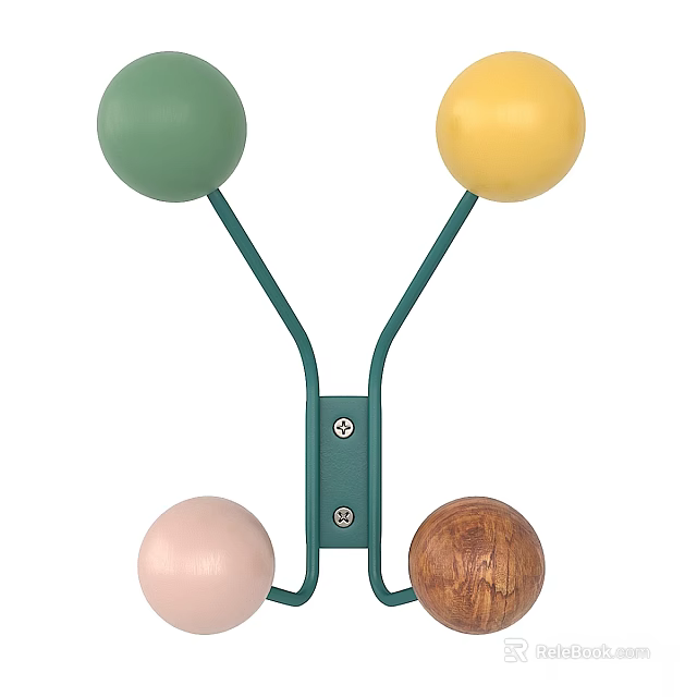Green Metal Decorative Hook Featuring Green Yellow Pink And Wooden Balls For Wall Decor 3d model 